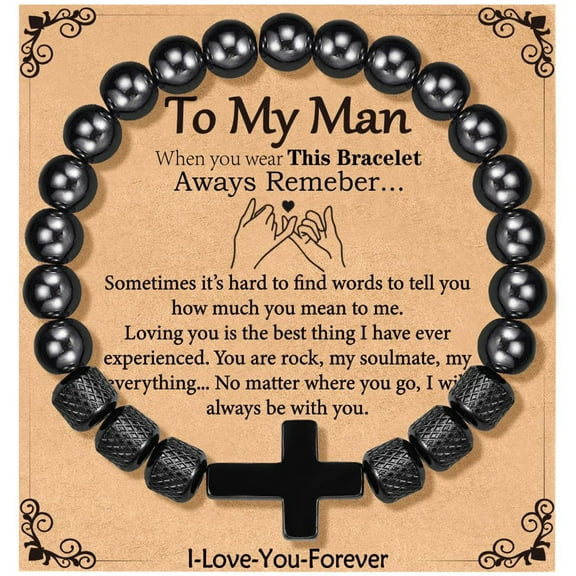 APSVO Black Cross Bracelets for Men Father Dad Grandpa Brother Obsidian Beads Bracelet Birthday Father's Day Anniversary Christmas Catholic Christian Religious Jewelry Gifts for Men Teen Boys