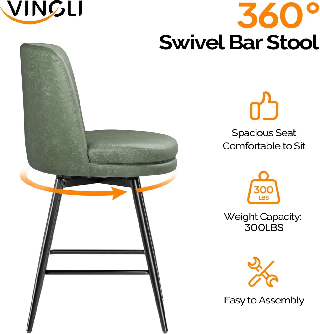 VINGLI 26" H Swivel Barstools Set of 2, PU Faux Leather Upholstered Counter Height Bar Stool with Back, Kitchen High Chairs with Cushion Round Seat, Metal Legs, White