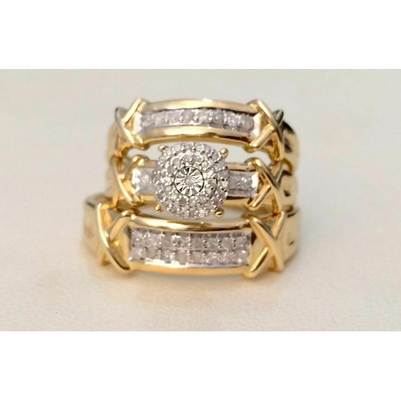 TAAPSEE JEWELS 14K Yellow Gold Plated His & Her Trio Engagement Ring Set Round Cut Cubic Zirconia