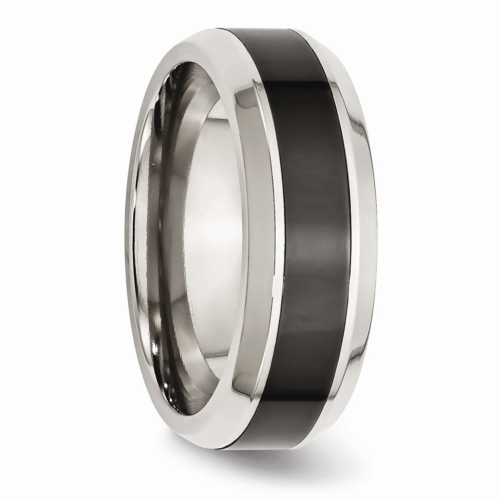 8mm Stainless Steel Base With Polished Black Ceramic Center Beveled Band Ring - Size 7.5