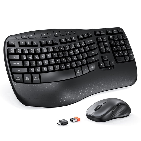 Meetion USB Wireless Ergonomic Keyboard & Mouse Combo with Wrist Rest & Wave Keys, Black, For Windows/Mac