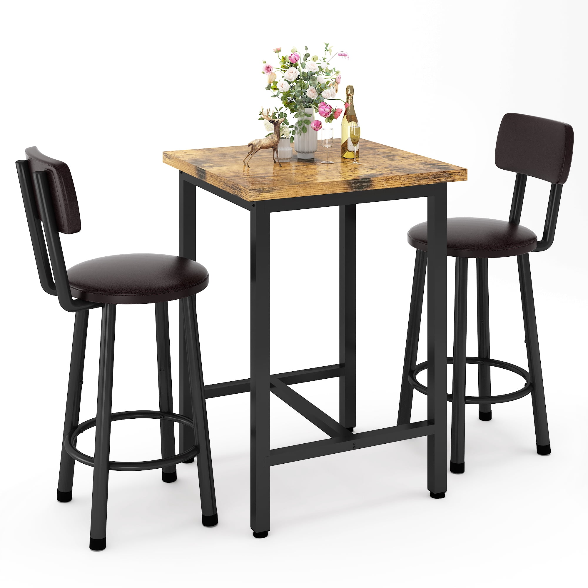 MIERES Dining Set, 2-Person Kitchen Dining Set, Solid Wood Dining Table with Two Chairs, Square Kitchen Dining Set (3-Piece), Brown