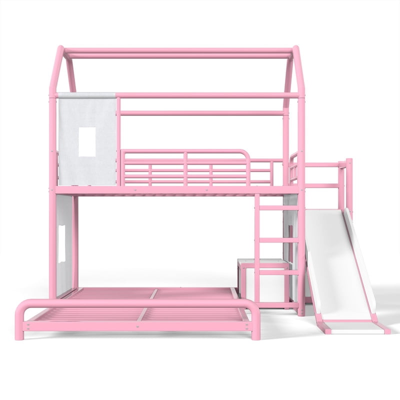 Twin over Full Metal Bunk Bed with Slide, Ladder, LED Light Strip, Privacy Curtain, Movable Storage Cabinet & Hanging Rod, House Shaped Kids Bunk Bed