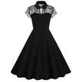 thumbnail image 3 of Wycnly Dresses for Women Graduation Party Vintage Mesh Patchwork Tie Pleated Swing 1950S Dresses Lapel Short Sleeve Solid Summer Midi Formal Dress Black s, 3 of 6