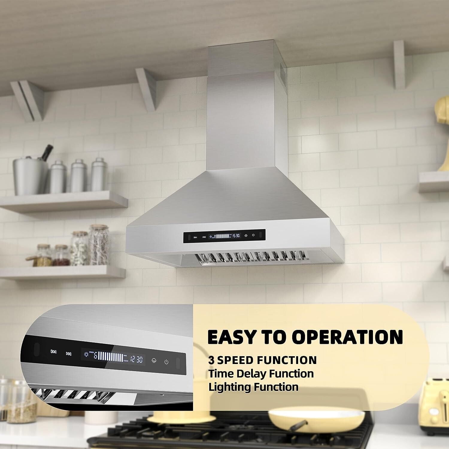 900CFM 30 inch Wall Mount Range Hood Stainless 3-Speed Fan Dishwasher Clean Filter 120V