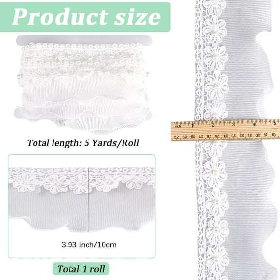 5 yard 4 Inch White Flower Ruffle Lace Ribbon Pleated Satin Lace Edge Trim 5 Yards Floral Chiffon Edging Trimmings Applique for Cloth Applique Embellishment Wedding DIY Sewing Crafts