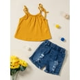 thumbnail image 2 of Genuiskids Toddler Baby Girl Summer 2Pcs Clothes Set Solid Color Sleeveless Tie-Up Camisole+Elastic Waist Denim Ripped Shorts 3-8T, 2 of 9