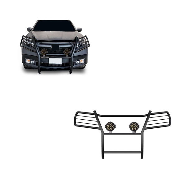 Black Horse Grille brush Bumper Guard Modular Black Come With pair of 7.0"Dia.LED Lights with Black Trim Rings Compatible with 2016-2019 Honda Ridgeline-17H01MA-PLB