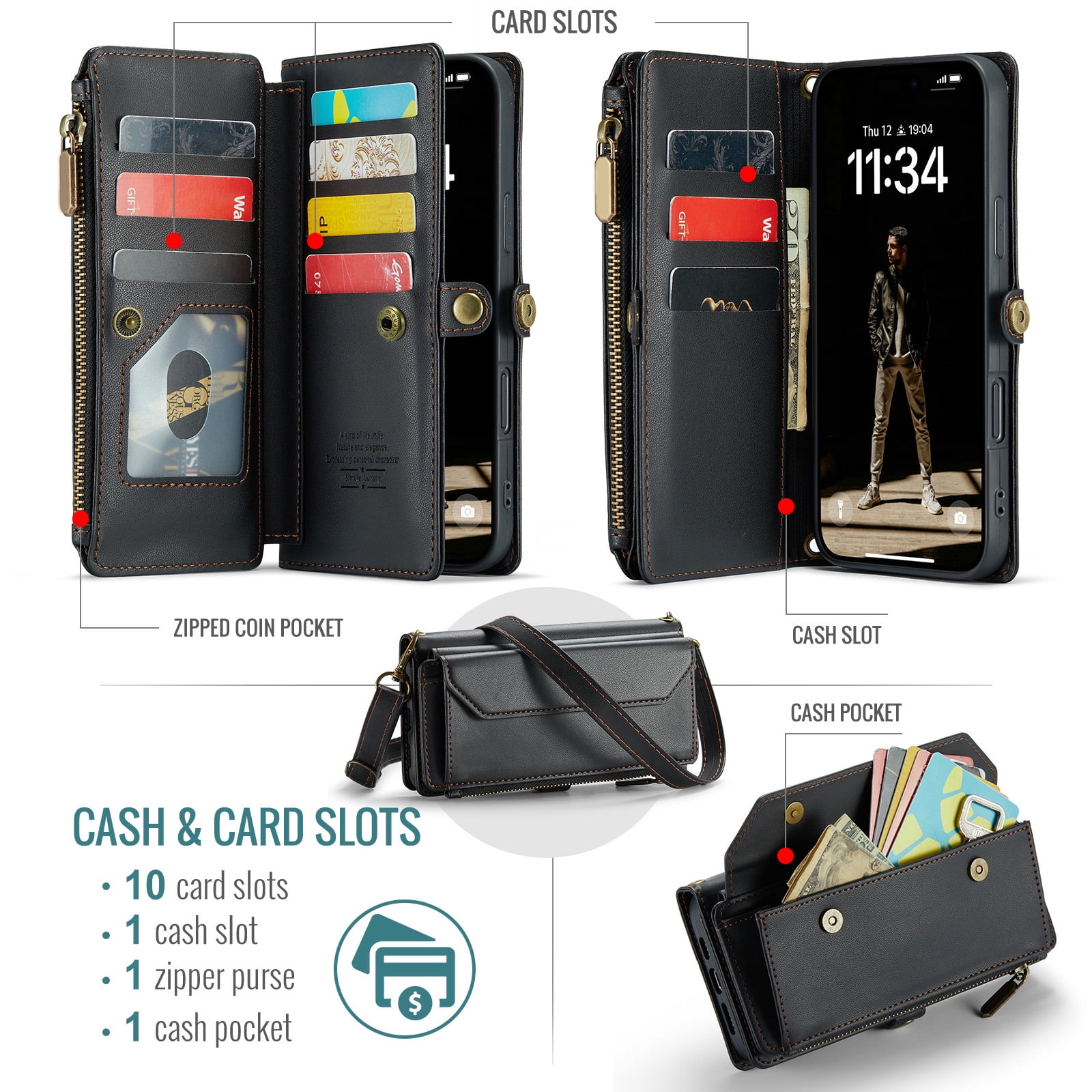 Compatible with iPhone 16 Pro Max 6.9 inch Zipper Wallet Phone Case Tempered Glass Screen Protector Crossbody Lanyard Strap Flip Card Holder Slot Cell Cover for i Phone16 16Pro i16ProMax Women Black