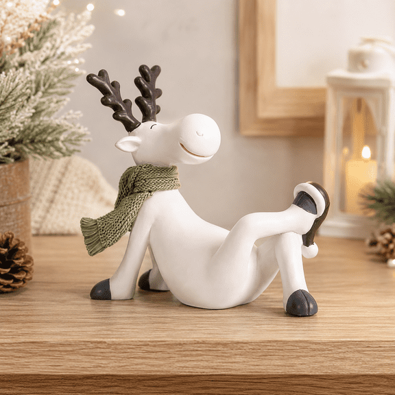 Decorative Deer Figurine With Scarf Reclining Reindeer Tabletop Accent For Living Room Shelf Tv Stand Cabinet Mantel Seasonal Home Decor White