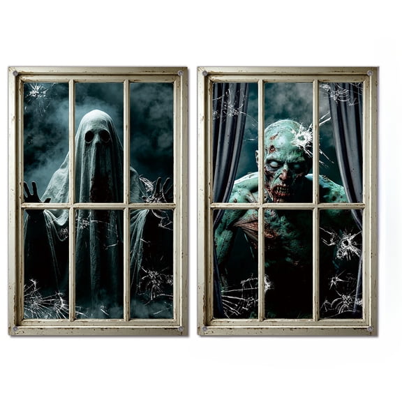Halloween Outdoor Window Decorations Scary Spooky Wall for Haunted House Indoor Party Home Decor 2 Piece Set
