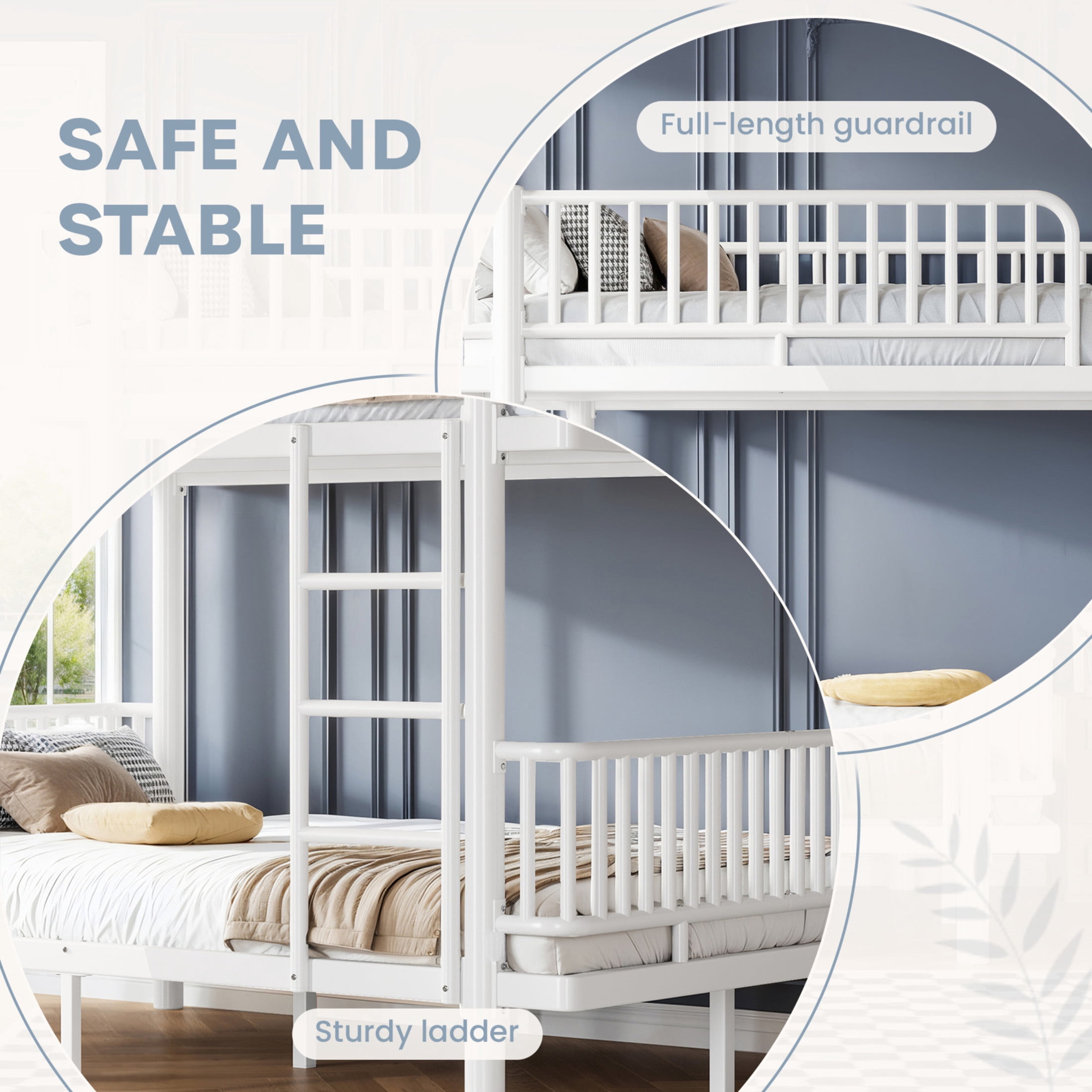 Noble House Queen over Queen Bunk Bed with Guardrails and Ladder, Can Separate into 2 Platform Beds, White