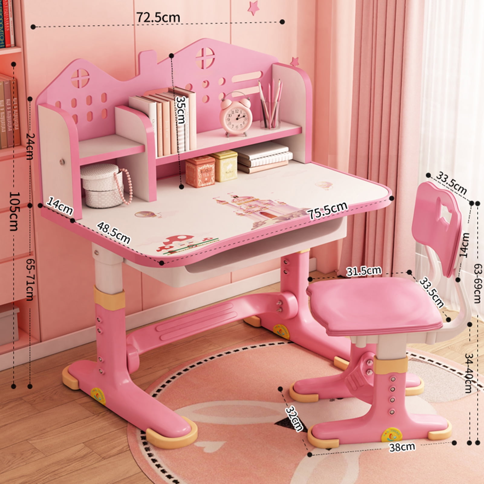 Mairbeon Multifunctional Kids Desk and Chair Set,Height Adjustable Study Table with Drawer Set,Widened Desktop Multi Separation Cartoon Pattern Age 3-12,Pink