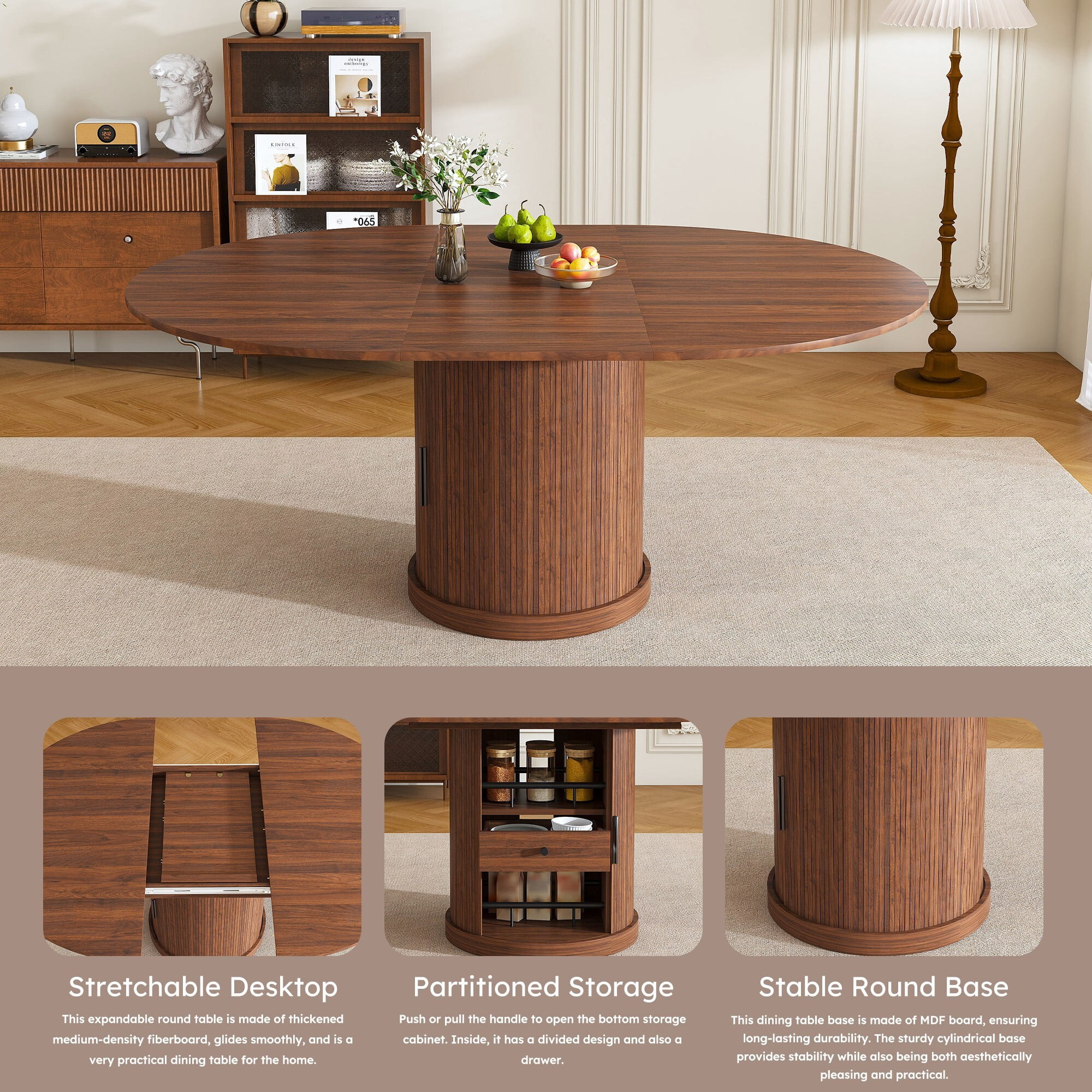 AENKYO 47-59" Extendable Oval Dining Table, Modern Kitchen Table with Storage Pedestal & Drawer, Walnut