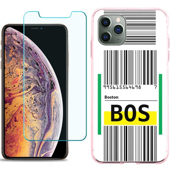 For Apple iPhone 11 PRO Case, Slim-Fit TPU Protective Phone Case (Pink Bezel) with Tempered Glass Screen Protector, by OneToughShield ® - Airport Tag / Boston