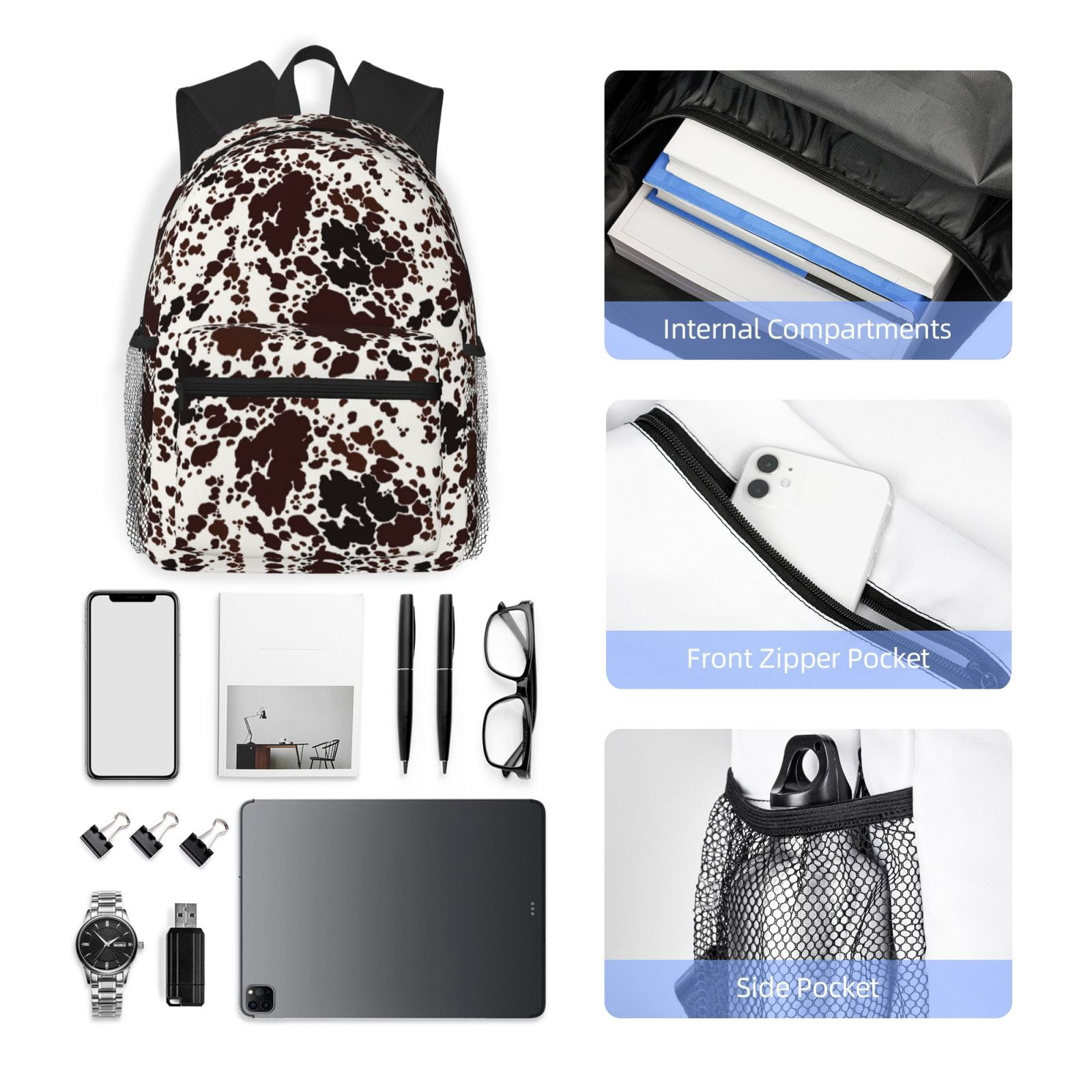Horeoi Cow Skin Print Casual Backpack for School Work Travel Hiking with Laptop Compartment and Side Pockets Lightweight Design