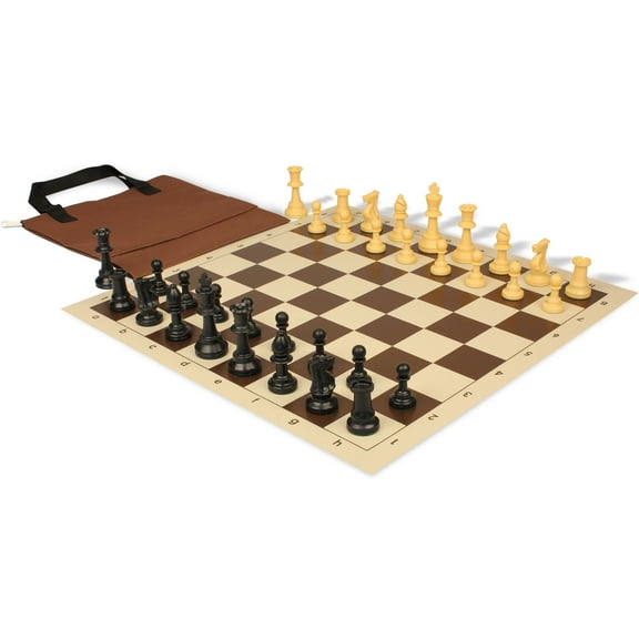 Standard Club Easy-Carry Double-Weighted Plastic Chess Set - Black & Camel Pieces with Vinyl Rollup Board - Brown