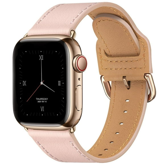 POWER PRIMACY Leather Bands Compatible with Apple Watch Band 49mm 46mm 45mm 44mm 42mm-Series 3 2 1,Genuine Leather Strap Compatible for Women Men iWatch Ultra SE Series 10 9 8 7 6 5 4(Pale pink/Gold)