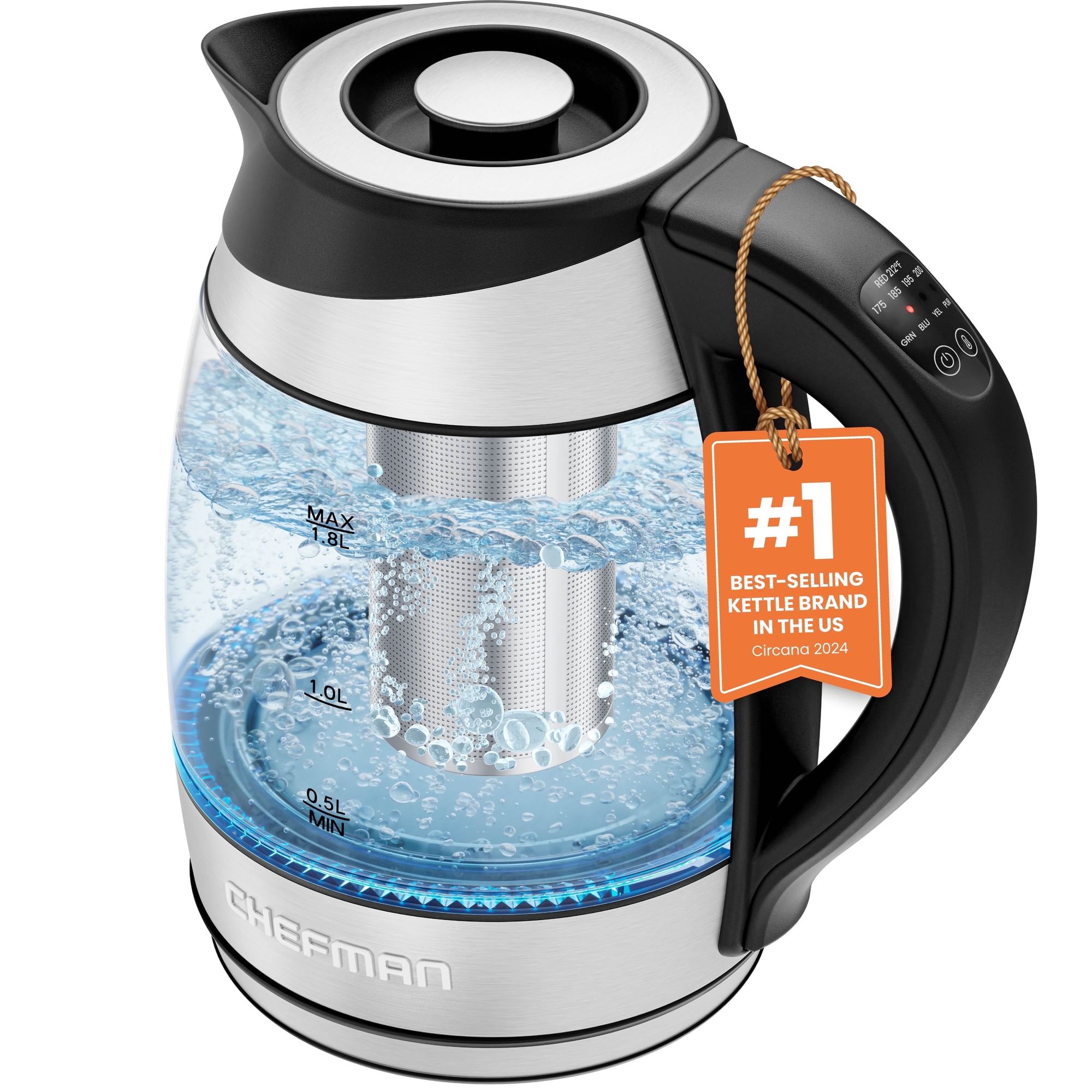 Chefman 1.8L Electric Glass Kettle w/ Temperature Control, Removable Tea Infuser - Stainless Steel