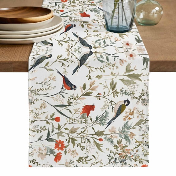 Pastoral Botanical Table Runner, Summer Birds Spring Floral Washable Cotton Linen Table Runners 72 Inches Long, Dresser Scarf Runner for Dining/Coffee/Kitchen/TV Stands/Cabinets 13''x72''