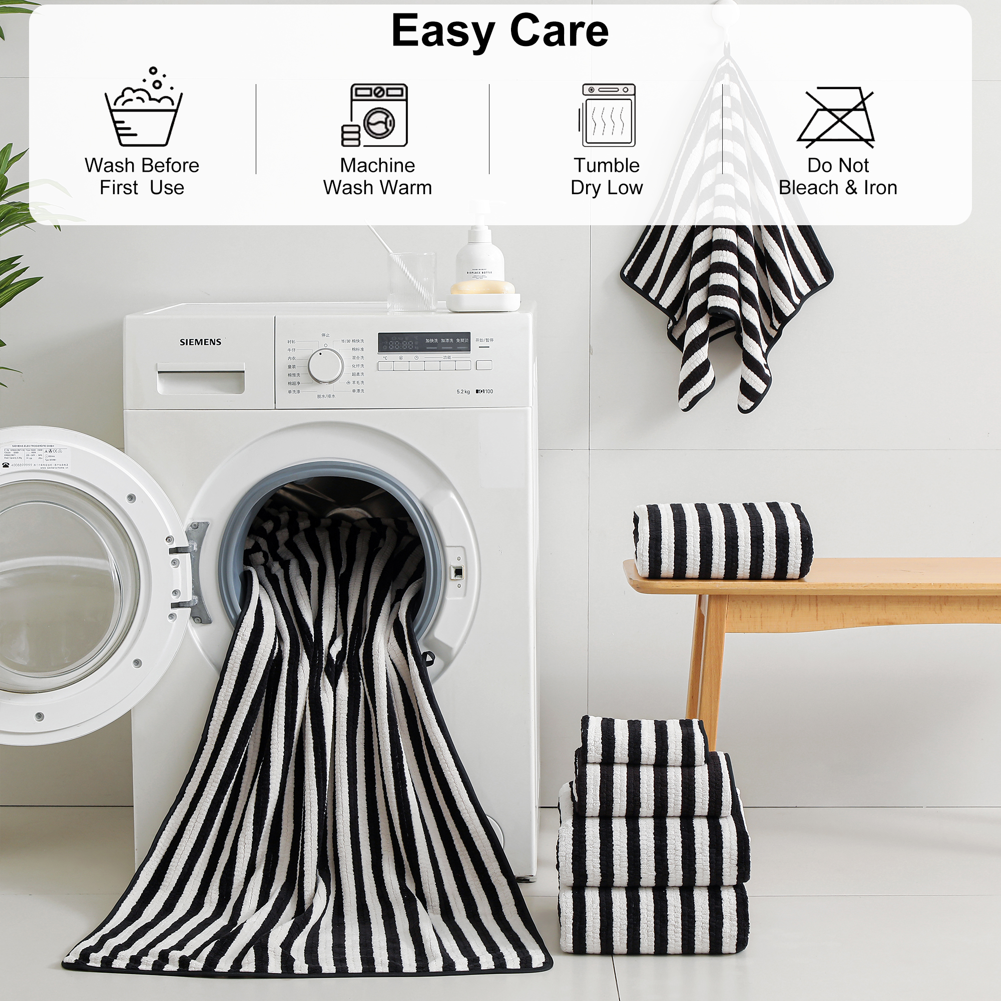 Jessy Home 6 Piece Black White Bath Towel Set for Bathroom-2 Bath Towels,2 Hand Towels,2 Washcloths Soft and Plush Highly Absorbent Towel for Hotel & Spa