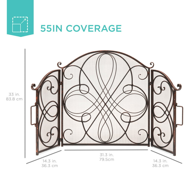 3-Panel Iron Fireplace Safety Screen Decorative Scroll Spark Guard