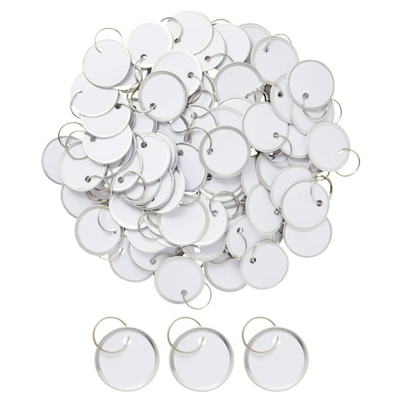 100-Pack Paper Key Tags with Metal Rings - 1.2 Inch Round Rimmed Split Keychain with Blank Labels for Valet, Doors, Luggage (White)