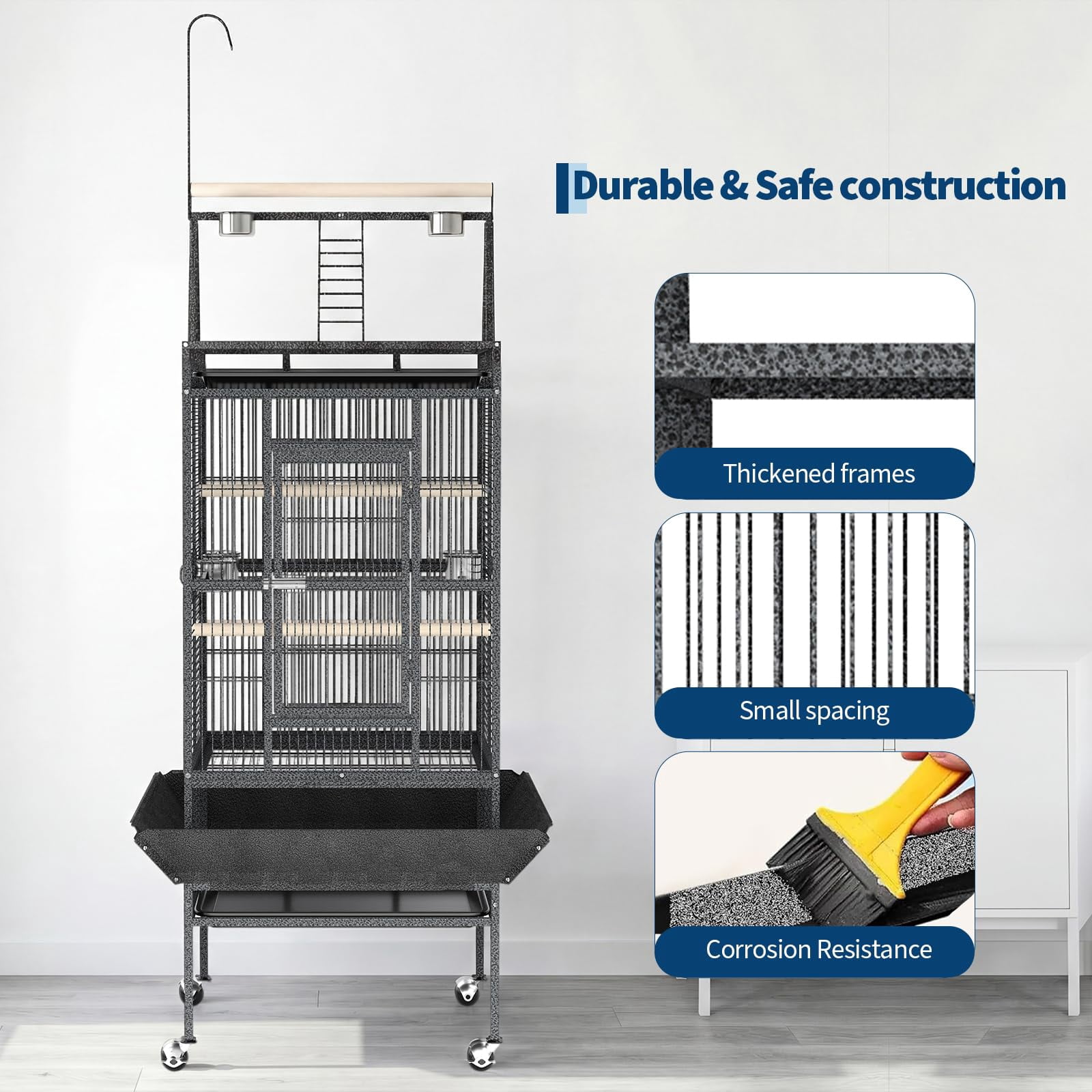 Parrot Cage, 82inch Rolling Bird Cage, Spacious Flight Bird Cage, with Feed Bowls, Playground and Rope Perch, for Parakeets, Cockatiels, Conures