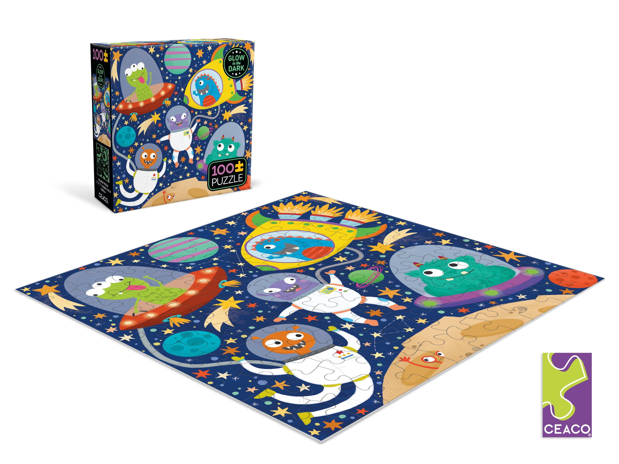 Ceaco Kids Deluxe 100 Piece Kids Deluxe Faye Buckingham Space Aliens Glow Interlocking Jigsaw Puzzle
