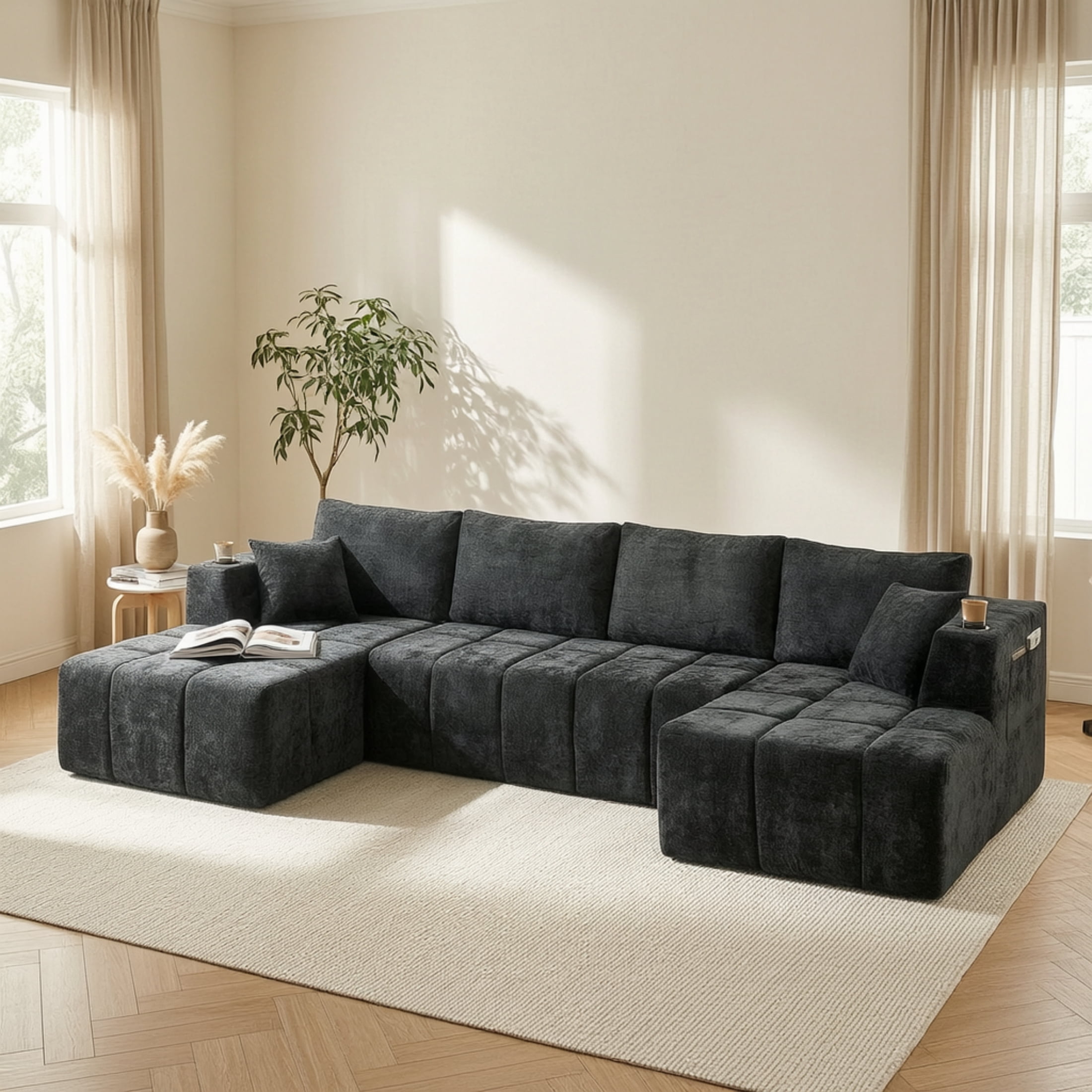 Vinform 132" U-Shaped Modular Sectional Cloud Sofa with 2 Cup Holders for Living Room, Dark Gray