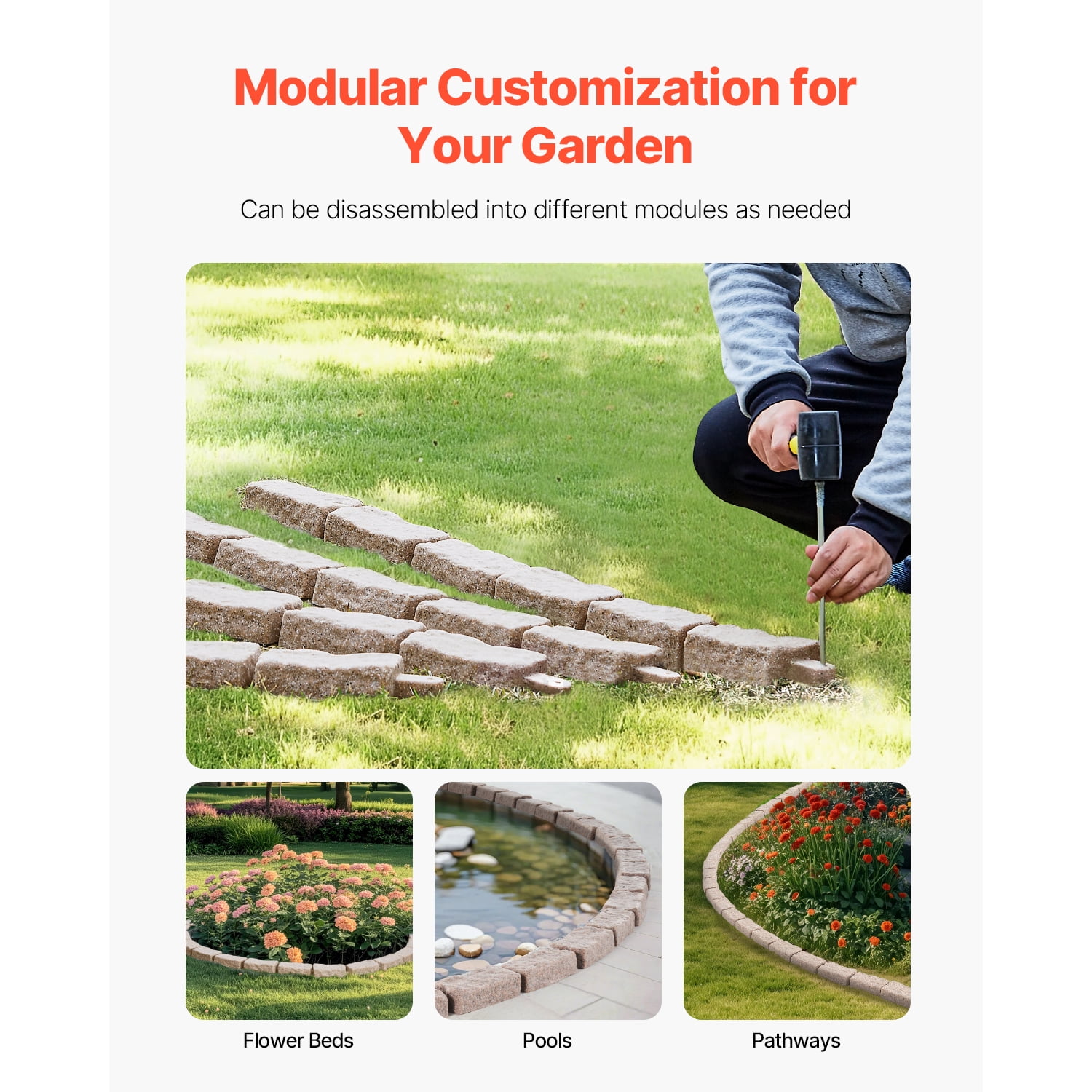 KFFKFF Imitation Stone Landscape Border, 46.4 x 2.2 in Authentic Lawn Border, Bendable Brick-Like Garden Border with Grounding Pegs, Durable Driveway and Walkway Edging in Brown, Resistant to Fading