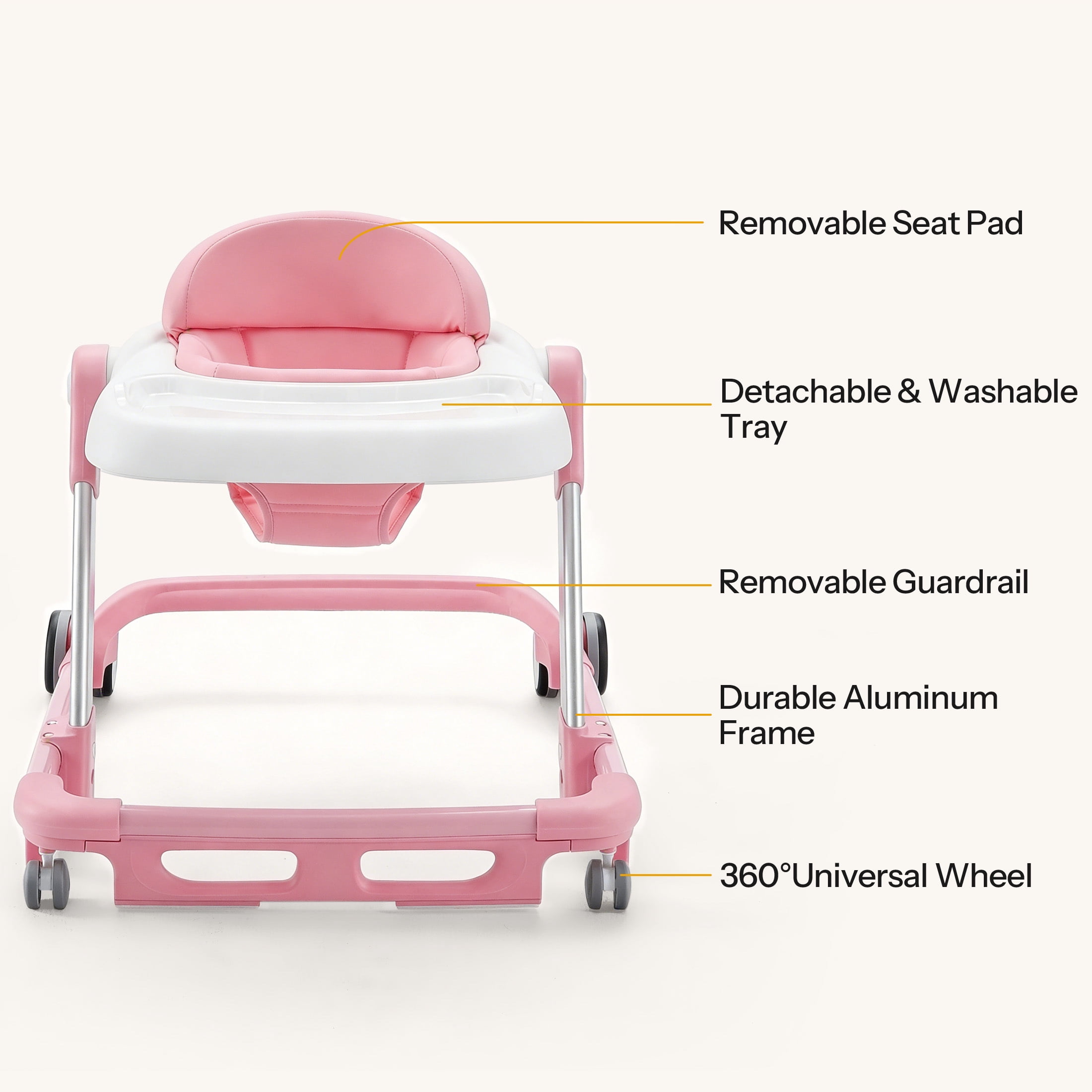 HARPPA Baby Walker for Babies 6-18 Months, Anti-Rollover, Seat and Height Adjustable, Pink