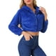 thumbnail image 4 of Abrigo de piel sintética casual para mujer Inspire Chic con cremallera, capucha y corte corto, chaqueta de forro polar suave L azul real, 4 of 5
