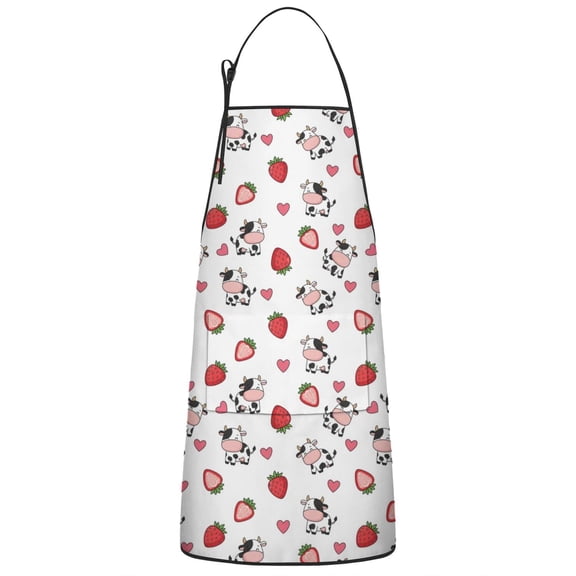 White Cow Strawberry Heart Pattern Apron-Garden Aprons for Women with Pockets-Cotton Linen Waterproof Kitchen Cooking Gardening Aprons Adjustable for Kitchen,Cooking,BBQ and Salon 33x27 Inch