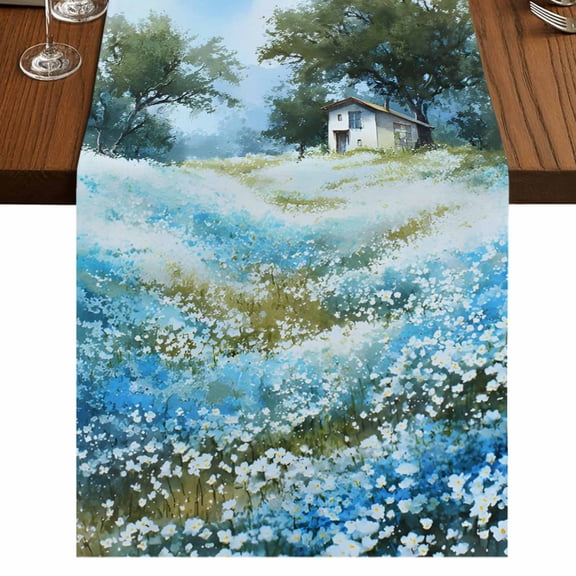 Table Runners 90 Inches Long Dress Scarves, Blue Green Spring Farmhouse Coffee/Dining/Kitchen Table Runner for Living Room, Watercolor Flower Trees Nature Landscape 13x90 Inch