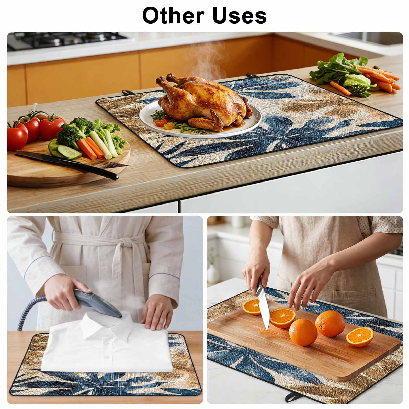 Navy Blue Brown Stove Top Cover for Electric Stove, Heat-proof & Non Slip Glass Top Stove Cover Protector, Tropical Botanical Palm Leaves Vintage Kitchen Flat Cooktop Rubber Mat 24x21 Inches