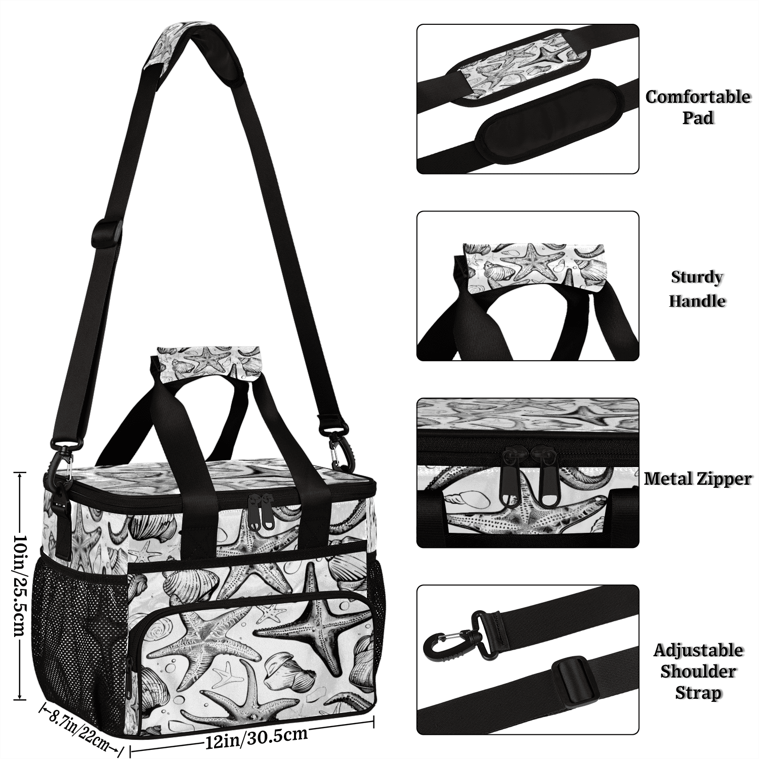 Herdesigns Nautical Starfish Large Lunch Box for Adults Women Men with Adjustable Shoulder Strap, Insulated Reusable Lunch Bag Leakproof Cooler Tote Bag