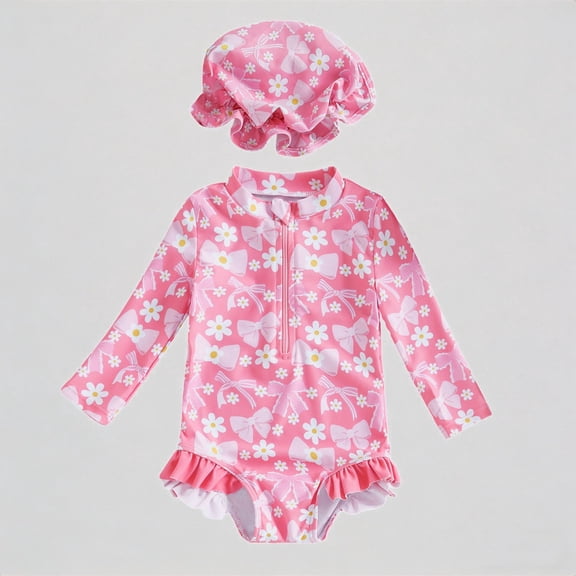 REDARER Baby Girl's 2-Piece Swim Set – Daisy & Bow Print Long-Sleeve Romper Ruffled Hat, UV-Protective Beach Rash Guard Bathing Suit,2-3 Years
