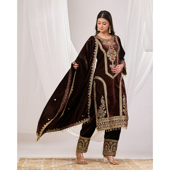 Futragabha Brown Sequence work Velvet Suit Set with Velvet Dupatta