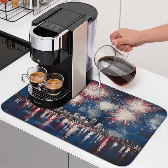 Independence Day Dish Drying Mats for Kitchen Counter, Fireworks City Night Scene Patriotic Absorbent Coffee Bar Mat with Non-slip Rubber Backed Quick Drying Dish Rack Pad 16"x24"