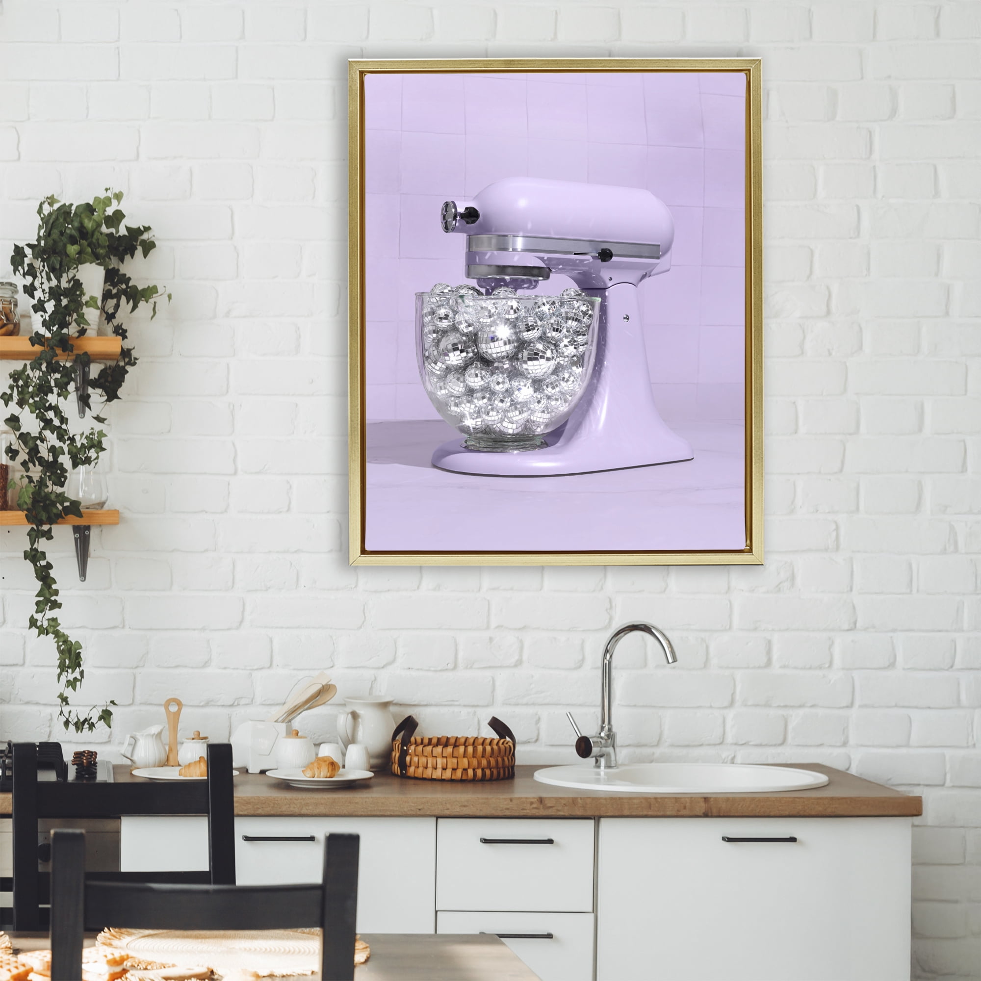 Stupell Industries Disco Kitchen Mixer over Purple Gold Framed Floater Canvas Wall Art, design by LISH Creative