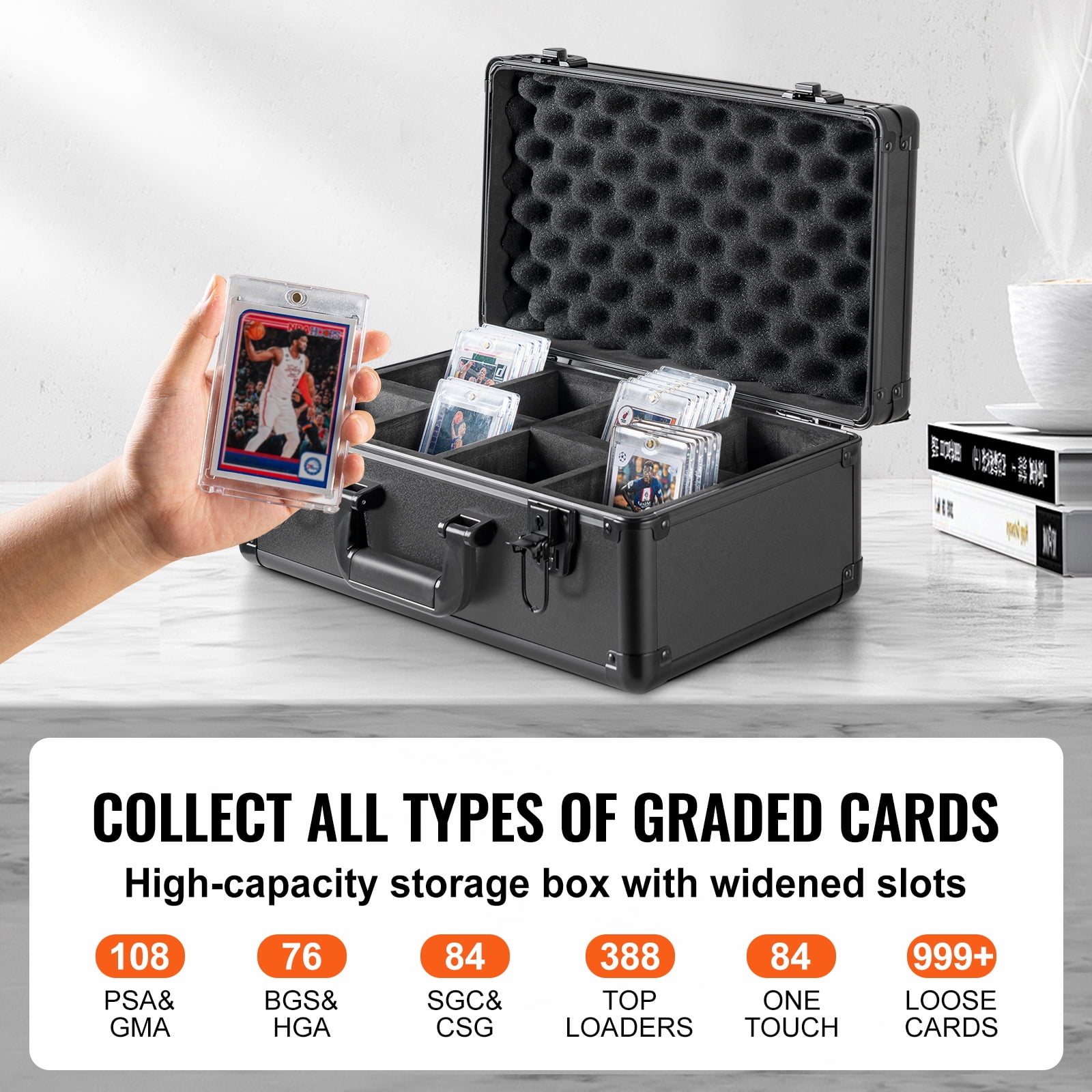 KFFKFF Card Organizer Box, 4 Compartments, Lockable Collectible Card Case with Adjustable Foam Dividers, Fits 108 PSA, 76 BGS, 84 SGC, 388 Top Loaders, or Over 999 Ungraded Cards