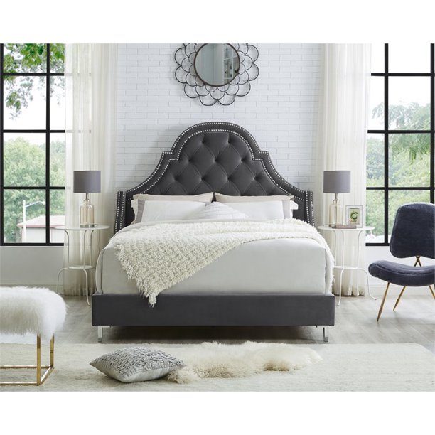 Aaron Grey Velvet Platform Bed Frame Queen Size Tufted Nailhead