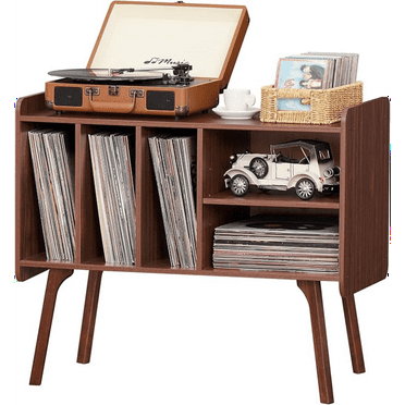 Record Player Stand with 4 Cabinet Holds Up to 220 Albums, Large Turntable Stand with Beech Wood Legs, Mid-Century Record Player Table,Walnut Vinyl Holder Storage Shelf for Bedroom Living Room