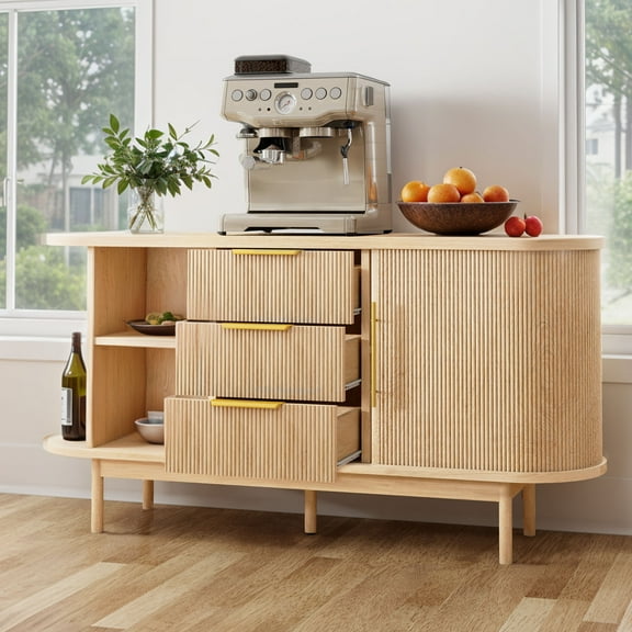 Uforic Fluted Sideboard with Drawers, Modern Buffet Cabinet with Storage & Adjustable Shelves, Oak