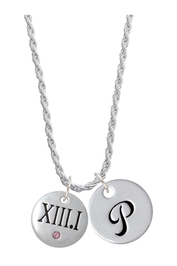 Silvertone Half Marathon with Pink Crystal Roman Numeral Silvertone Script Initial Disc - P - Charm Necklace, 20"+3"