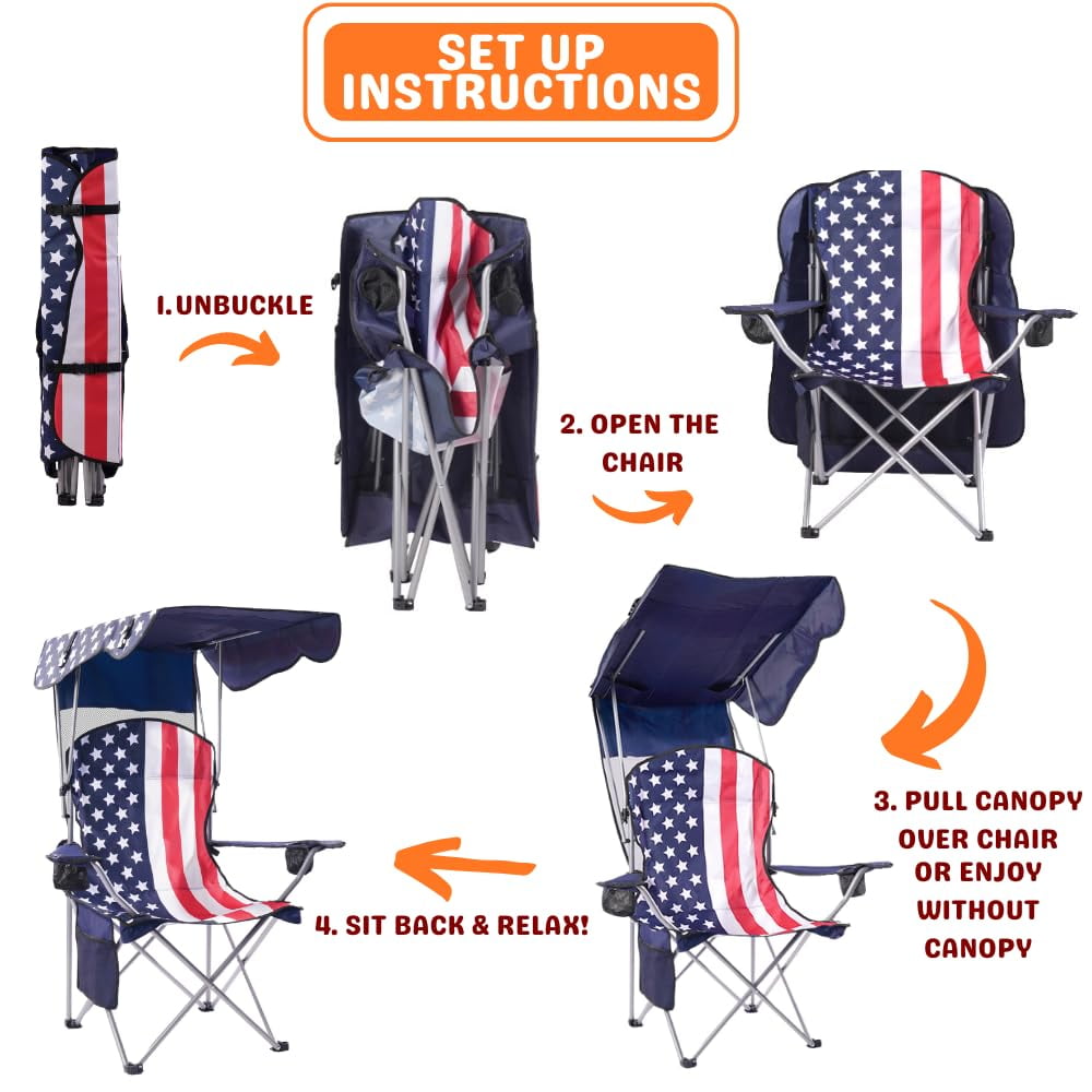 VTOY Folding Camping Chair with Canopy Portable Beach Chair with Shade for Outside Foldable Canopy Camping Chairs for Adults(Flag)
