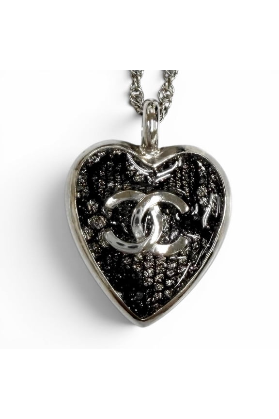 Pre-Owned CHANEL C24K Coco Mark Heart Lace Necklace Pendant, Silver and Black, Made in France,...