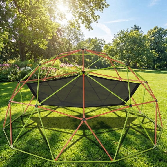 Naipo 10FT Climbing Dome with Hammock Swing 500 LBS Heavy Duty Climbing Set Outdoor Backyard Playground Jungle Gym Orange & Green