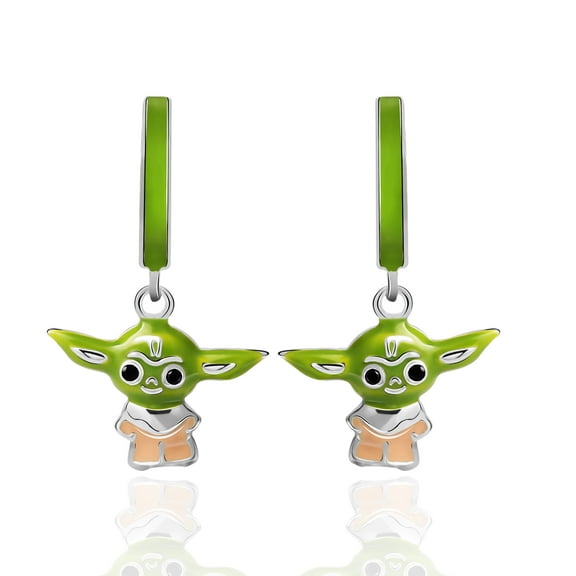 Disney Star Wars Women's Sterling Silver Grogu Enamel Post Charm Hoop Earrings